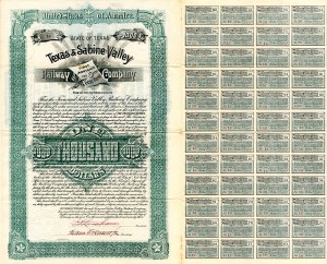 Texas and Sabine Valley Railway Co. - 1893 dated $1,000 Railroad Gold Bond